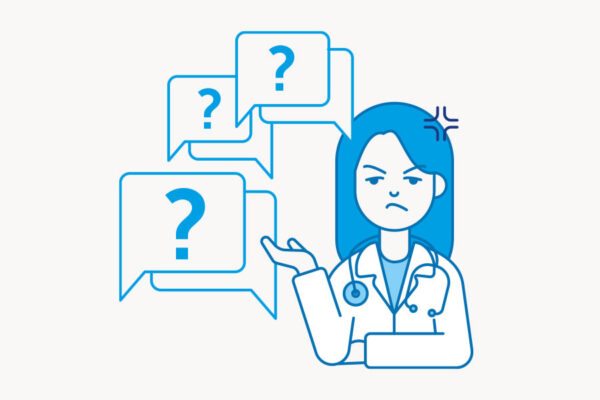 Illustration über administrative Arbeiten im Gesundheitswesen, verärgerte Ärztin, Symbole für Bürokratie